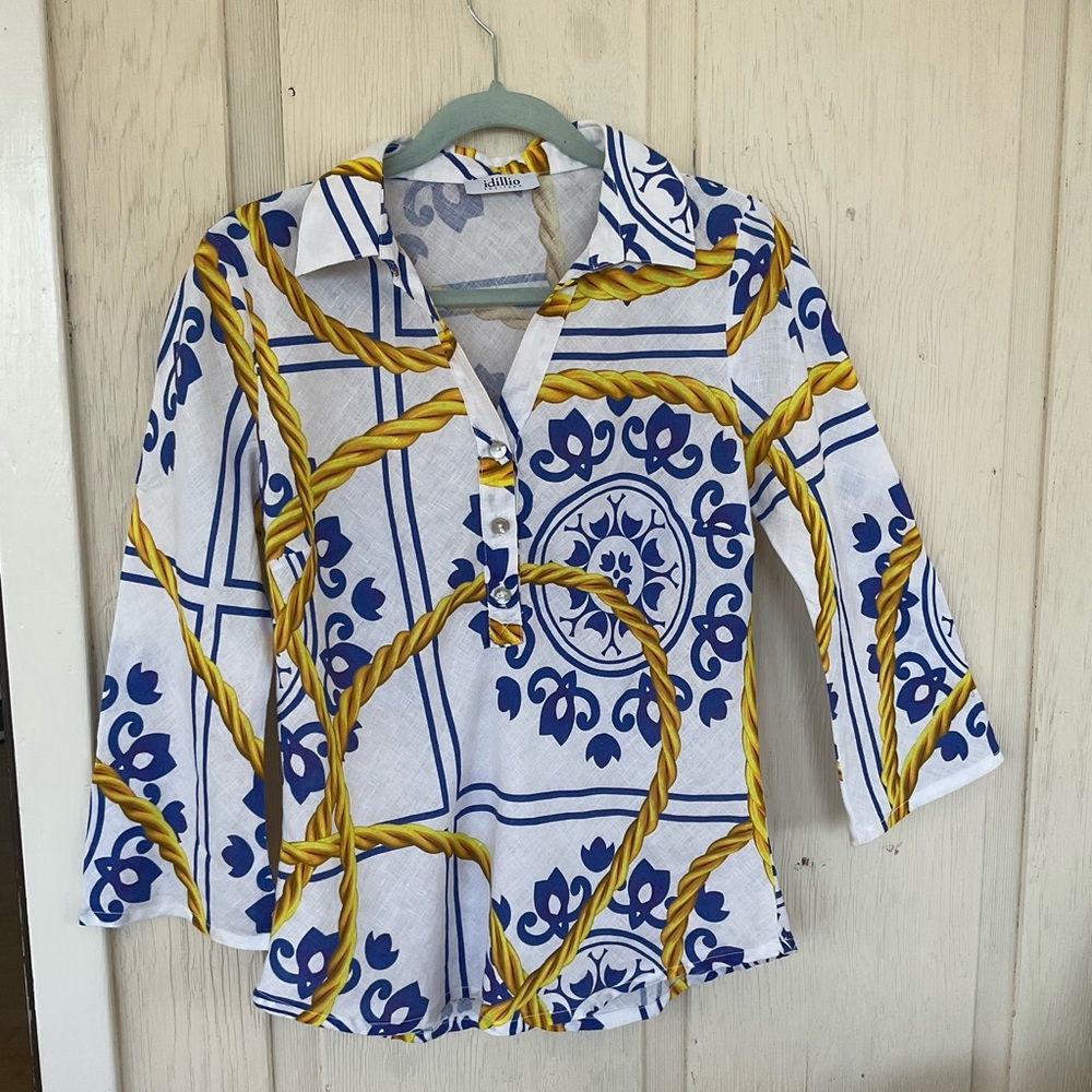 100% Linen Medium Rope-Detail Button Front Blouse — Blue & Gold